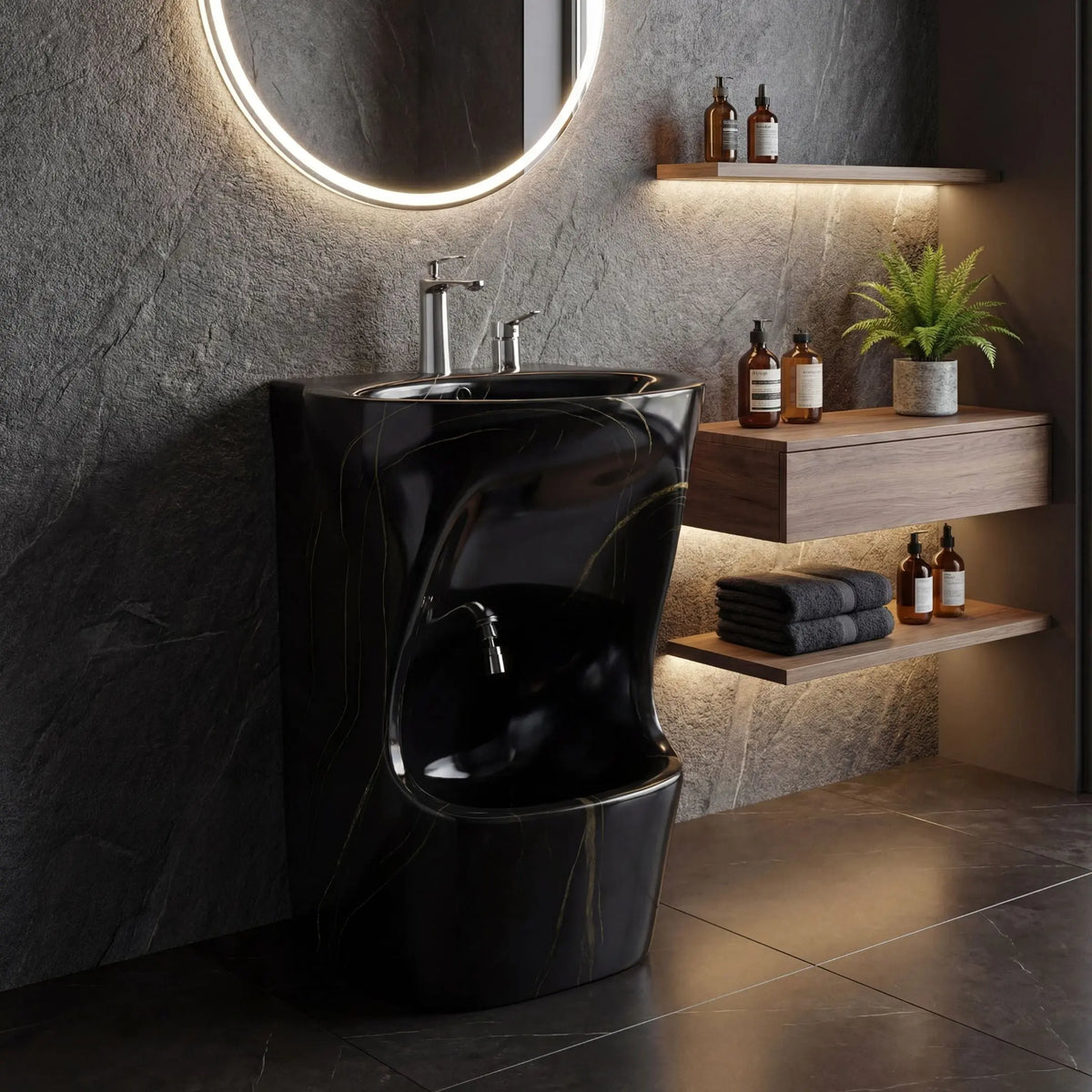 Modern bathroom with black freestanding bathtub, round mirror, and shelves with toiletries.