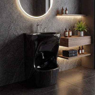 Modern bathroom with black freestanding bathtub, round mirror, and shelves with toiletries.