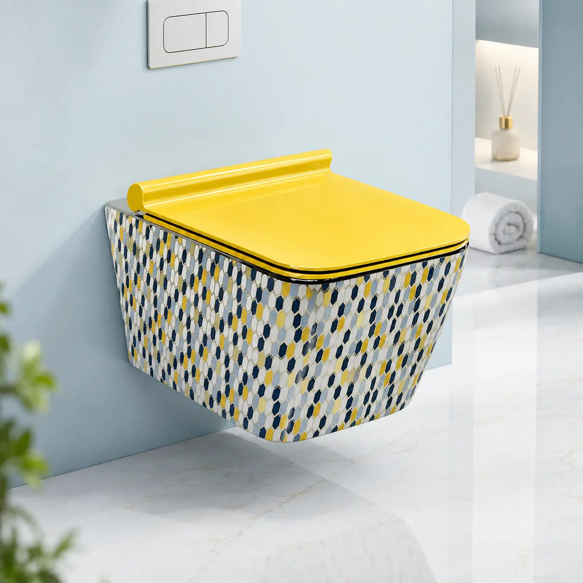 Luxury Mosaic Pattern Wall Mounted Ceramic WC with Yellow Seat Cover