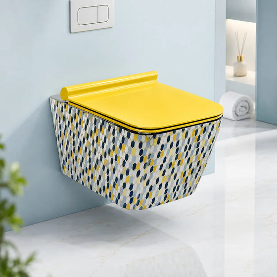 Luxury Mosaic Pattern Wall Mounted Ceramic WC with Yellow Seat Cover