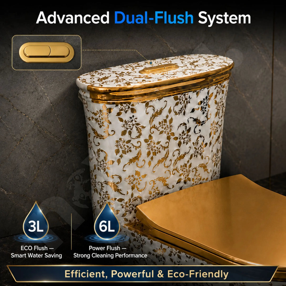Advanced Dual Flush System in Royal Flora Gold Western Toilet