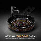 Novera Global Designer Ceramic Table Top Wash Basin | Round Above Counter Vessel Sink for Bathroom Vanity | 5-Years Warranty | Mandala Art Countertop Wash Bowl | Glossy Finish Wash Basin (BLACK) Novera Global