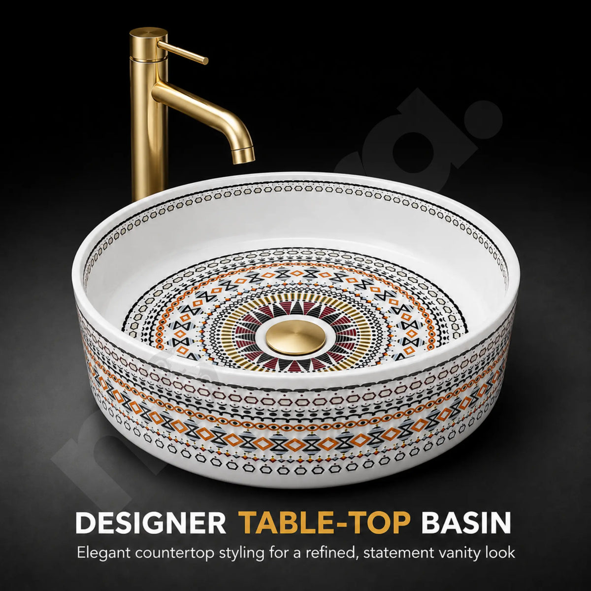 Novera Global Designer Ceramic Table Top Wash Basin | Round Above Counter Vessel Sink for Bathroom Vanity | 5-Years Warranty | Mandala Art Countertop Wash Bowl | Glossy Finish Wash Basin (WHITE) Novera Global
