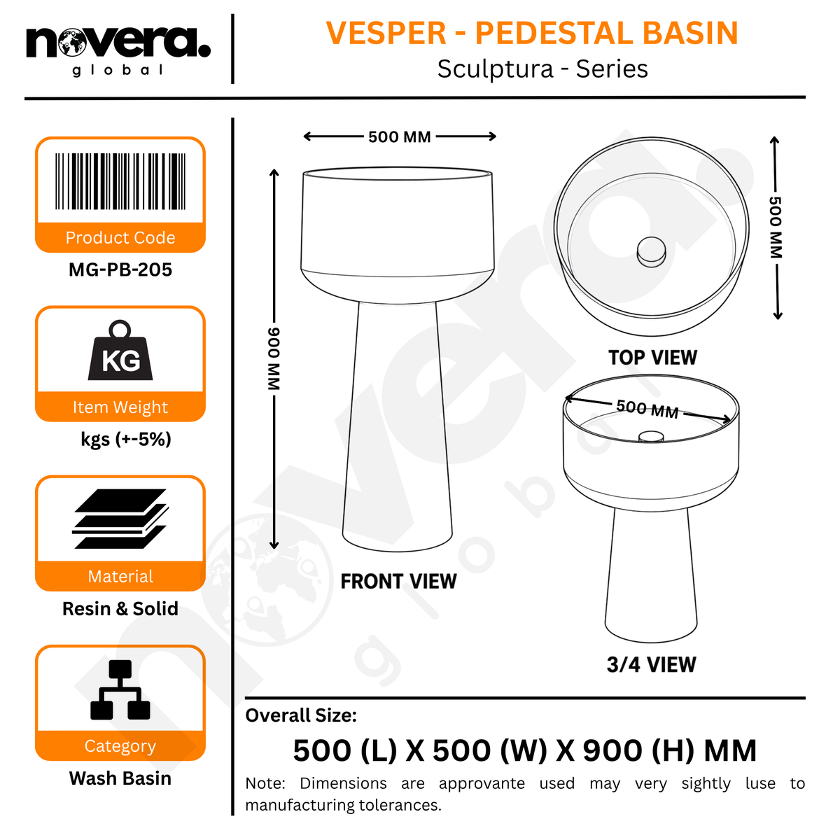Novera Global Vesper Freestanding Pedestal Wash Basin | 10-Years Warranty | Smoked Translucent Resin Bowl & Solid Surface Base Pedestal | Floor Standing Designer Bathroom Basin with Drainer | 500 x 500 x 900 mm (Black & White)