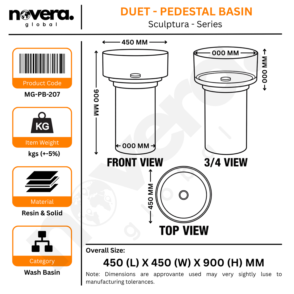 Novera Global Duet Pedestal Wash Basin | 10-Years Warranty | Freestanding Resin + Solid Surface, Translucent Rose Pink Bowl with Orange Pedestal | Floor Standing Designer Basin with Black Drainer, 450 x 450 x 900 mm