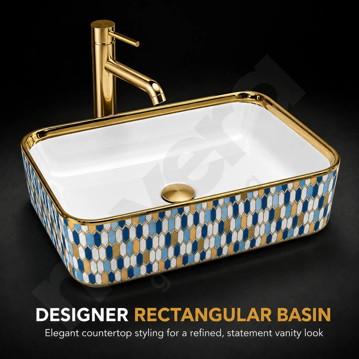 Novera Global Ceramic Table Top Wash Basin | Glossy Gold Rectangular Vessel Sink | Above Counter Vessel Sink for Bathroom Vanity | 5-Year Warranty | Glossy Countertop Wash Bowl (Blue Gold Mosaic) Novera Global