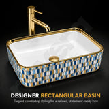 Novera Global Ceramic Table Top Wash Basin | Glossy Gold Rectangular Vessel Sink | Above Counter Vessel Sink for Bathroom Vanity | 5-Year Warranty | Glossy Countertop Wash Bowl (Blue Gold Mosaic) Novera Global