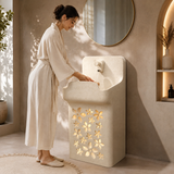 Novera Global Blossom Freestanding Pedestal Wash Basin | 10-Year Warranty | Luxury Artificial Stone Floor Standing Designer Basin with Warm LED Floral Design Bathroom Sink | Matching Faucet & Drain Included