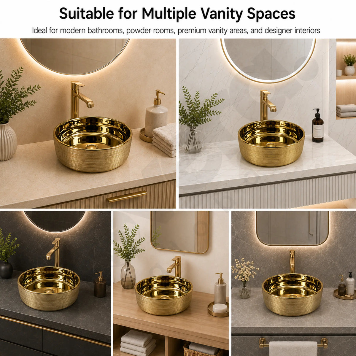 Novera Global Gold Designer Ceramic Table Top Wash Basin | Above Counter Vessel Sink for Bathroom Vanity | 5-Year Warranty | Imported Glossy Countertop Wash Bowl (Glossy Gold) Novera Global