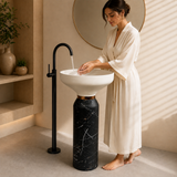 Novera Global Atlas Freestanding Pedestal Wash Basin | 10 Year Warranty | Artificial Stone Floor Standing Bathroom Sink | Matte White & Black Marble Look Pedestal Basin | Drain Included, 460 x 460 x 880 mm
