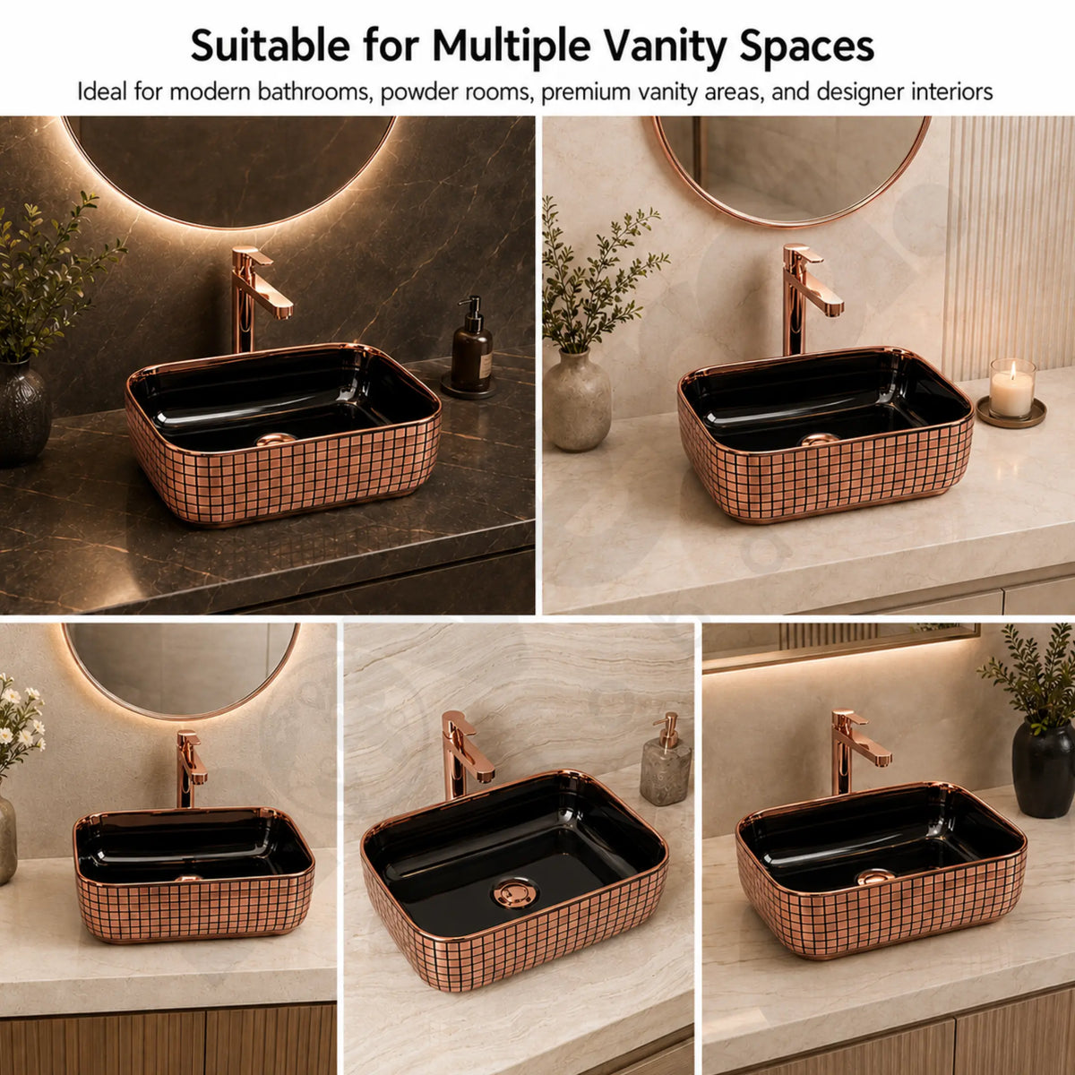 Novera Global Ceramic Table Top Wash Basin | Glossy Rectangular Vessel Sink | Above Counter Vessel Sink for Bathroom Vanity | 5-Year Warranty | Imported Glossy Countertop Wash Bowl (Black & Rose Gold) Novera Global