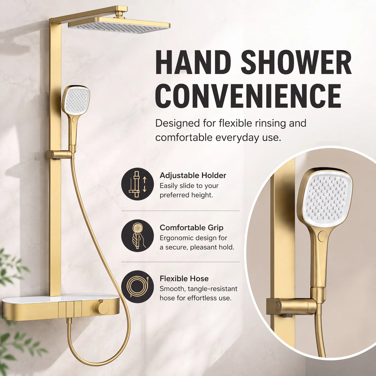 Rain Shower Set for Bathroom – 3-in-1 Function Panel Overhead Rain & Hand Shower, Waterfall Spout | Mixer with Hot & Cold Dual Knob, Adjustable Height Shower, Wall-Mounted (Brushed Gold) Novera Global