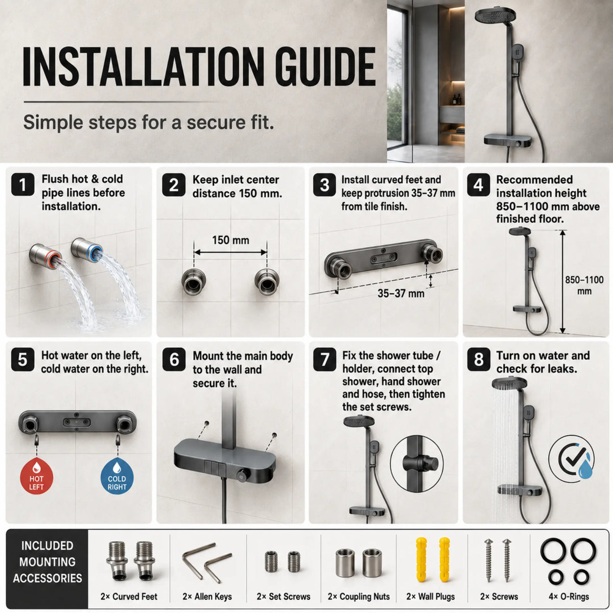 Rain Shower Set for Bathroom –3-in-1 Function Panel Overhead Rain & Hand Shower, Waterfall Spout | Mixer with Hot & Cold Dual Knob, Adjustable Height Shower, Wall-Mounted (Gunmetal Grey) Novera Global
