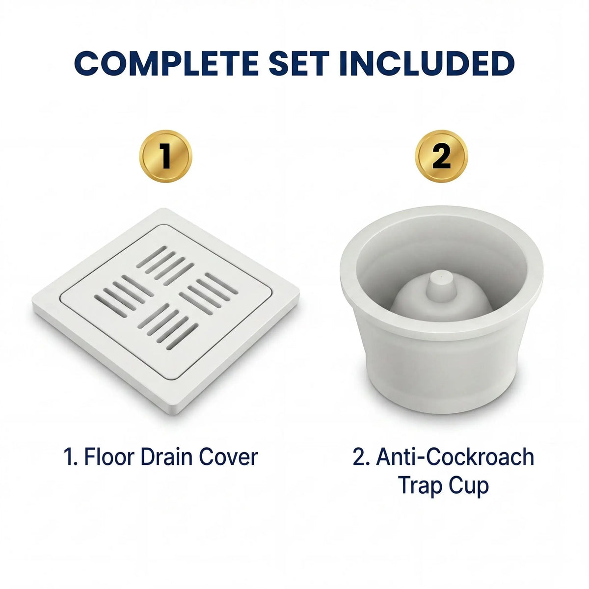 Premium White Ceramic Floor Drain Complete Set with Anti-Cockroach Trap Cup – Luxury Bathroom Drain Kit