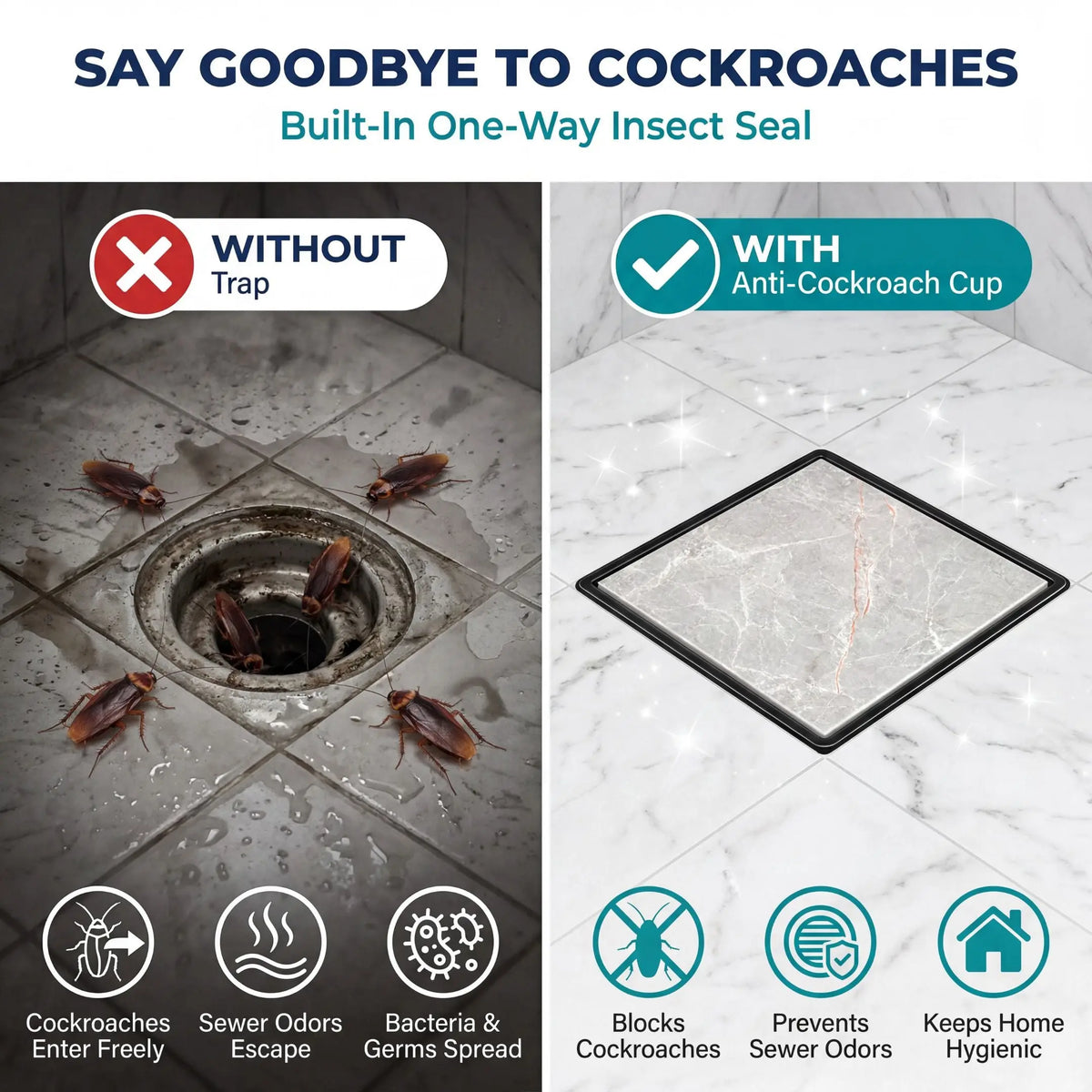 Novera Global Ceramic Square Tile Insert Floor Drain with Anti-Cockroach Trap Cup | Invisible Bathroom Drain Jali | 10-Year Warranty | Rust & Fade Proof Floor Waste Drain for Shower & Balcony (Black) Novera Global