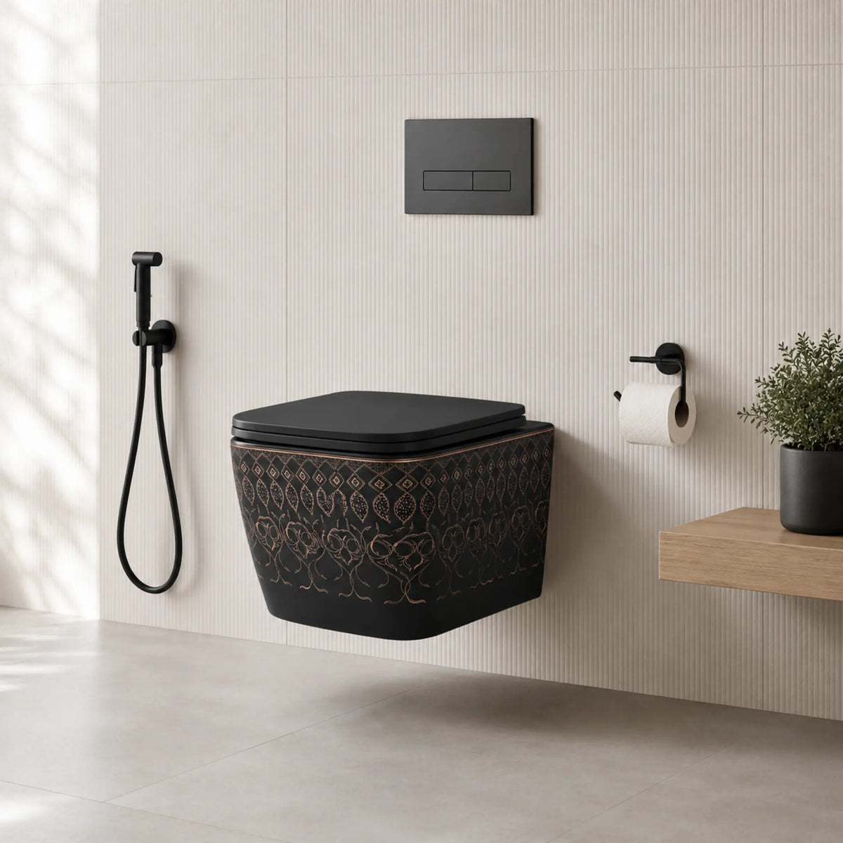 Luxury Black Wall Hung Western Toilet in Modern Bathroom