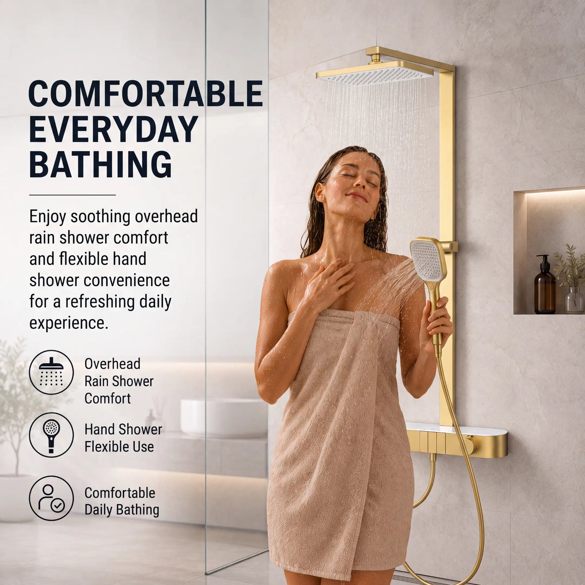 Rain Shower Set for Bathroom – 3-in-1 Function Panel Overhead Rain & Hand Shower, Waterfall Spout | Mixer with Hot & Cold Dual Knob, Adjustable Height Shower, Wall-Mounted (Brushed Gold) Novera Global