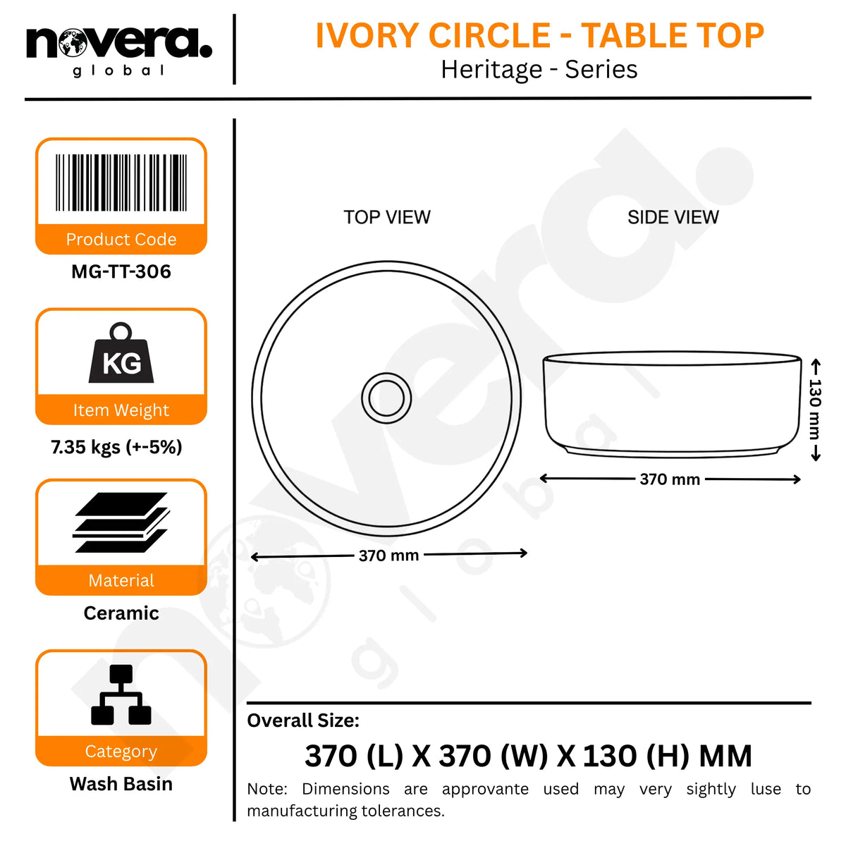 Novera Global Designer Ceramic Table Top Wash Basin | Round Above Counter Vessel Sink for Bathroom Vanity | 5-Years Warranty | Mandala Art Countertop Wash Bowl | Glossy Finish Wash Basin (WHITE) Novera Global