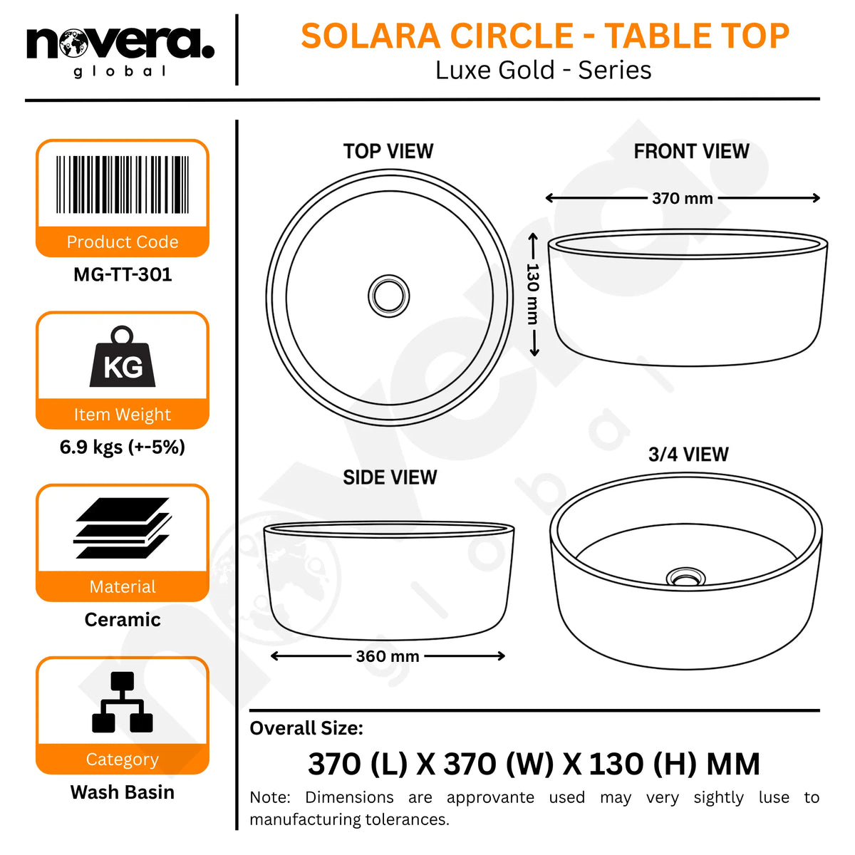 Novera Global Gold Designer Ceramic Table Top Wash Basin | Above Counter Vessel Sink for Bathroom Vanity | 5-Year Warranty | Imported Glossy Countertop Wash Bowl (Glossy Gold) Novera Global