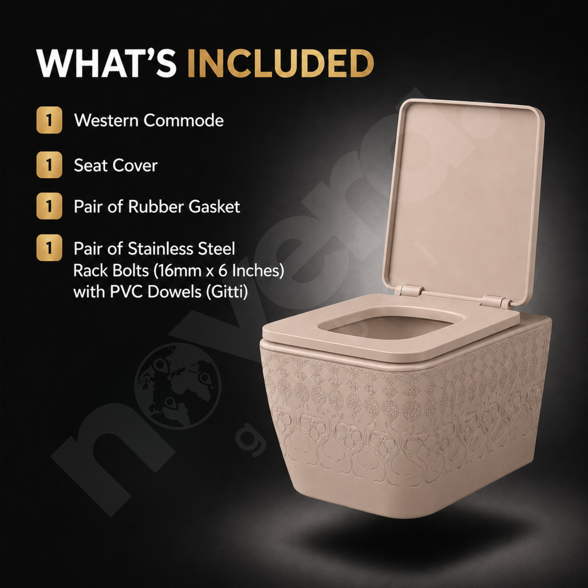 Novera Global Rimless Wall-Hung Commode | Ceramic Western Toilet with Soft-Close Seat Cover | 5-Year Warranty | P-Trap Wall-Mounted Bathroom WC | Antibacterial Washdown Flush | Satin Finish (Khakhi)