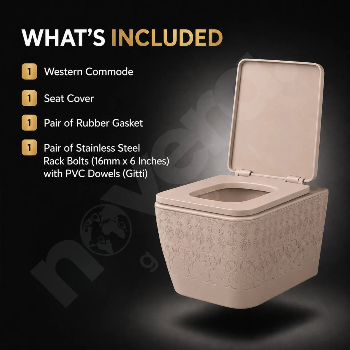 Novera Global Rimless Wall-Hung Commode | Ceramic Western Toilet with Soft-Close Seat Cover | 5-Year Warranty | P-Trap Wall-Mounted Bathroom WC | Antibacterial Washdown Flush | Satin Finish (Khakhi) Novera Global