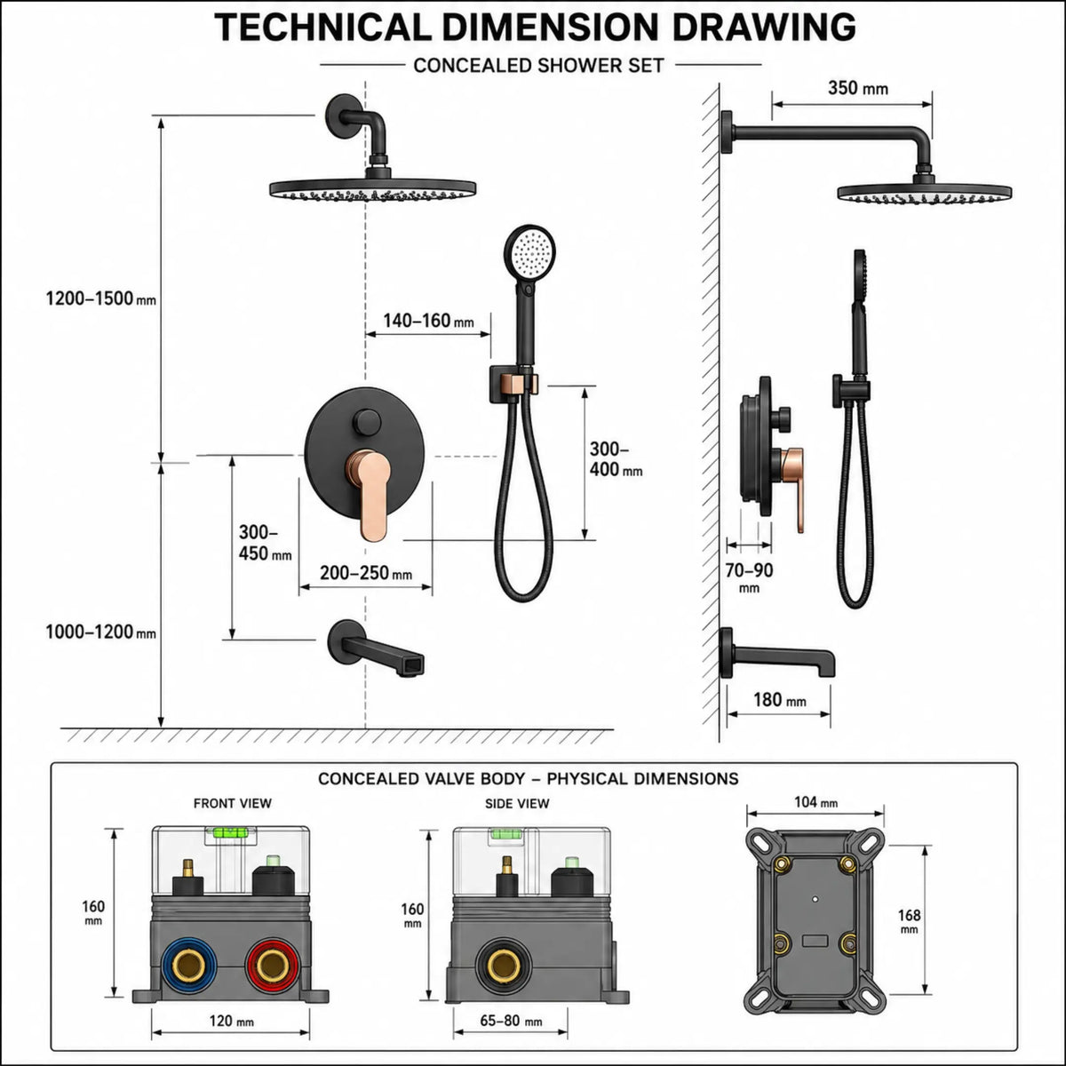 Novera Global Concealed Shower Set for Bathroom – 3-in-1 In-Wall Brass Shower System with Overhead Rain Shower, Hand Shower & Wall Spout, Diverter & Hot/Cold Mixer (Matte Black with Rose-Gold Accents) Novera Global