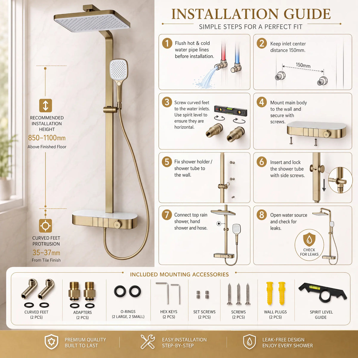 Rain Shower Set for Bathroom – 3-in-1 Function Panel Overhead Rain & Hand Shower, Waterfall Spout | Mixer with Hot & Cold Dual Knob, Adjustable Height Shower, Wall-Mounted (Brushed Gold) Novera Global