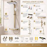 Rain Shower Set for Bathroom – 3-in-1 Function Panel Overhead Rain & Hand Shower, Waterfall Spout | Mixer with Hot & Cold Dual Knob, Adjustable Height Shower, Wall-Mounted (Brushed Gold) Novera Global