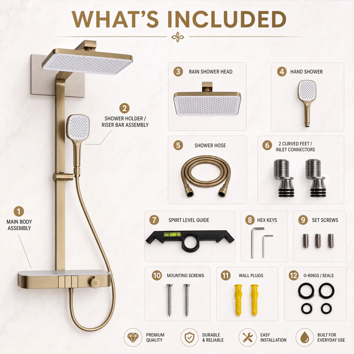 Rain Shower Set for Bathroom – 3-in-1 Function Panel Overhead Rain & Hand Shower, Waterfall Spout | Mixer with Hot & Cold Dual Knob, Adjustable Height Shower, Wall-Mounted (Brushed Gold) Novera Global