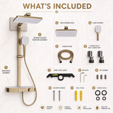 Rain Shower Set for Bathroom – 3-in-1 Function Panel Overhead Rain & Hand Shower, Waterfall Spout | Mixer with Hot & Cold Dual Knob, Adjustable Height Shower, Wall-Mounted (Brushed Gold) Novera Global