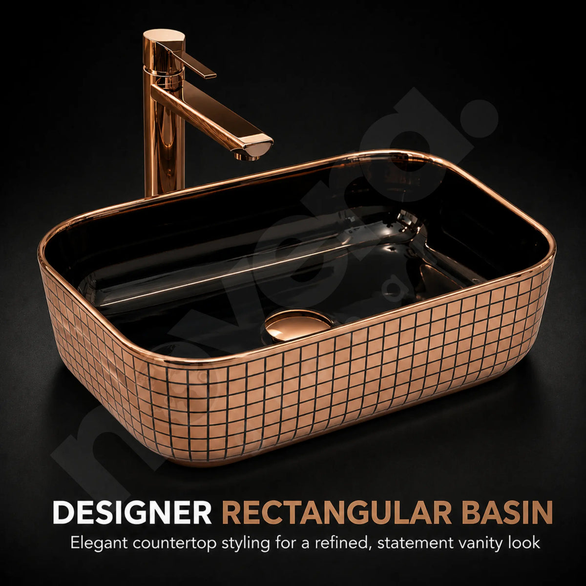 Novera Global Ceramic Table Top Wash Basin | Glossy Rectangular Vessel Sink | Above Counter Vessel Sink for Bathroom Vanity | 5-Year Warranty | Imported Glossy Countertop Wash Bowl (Black & Rose Gold) Novera Global