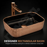 Novera Global Ceramic Table Top Wash Basin | Glossy Rectangular Vessel Sink | Above Counter Vessel Sink for Bathroom Vanity | 5-Year Warranty | Imported Glossy Countertop Wash Bowl (Black & Rose Gold) Novera Global