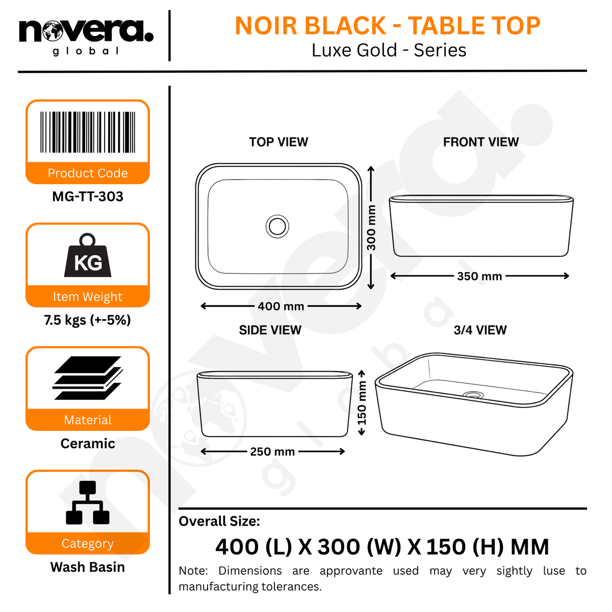 Novera Global Ceramic Table Top Wash Basin | Glossy Rectangular Vessel Sink | Above Counter Vessel Sink for Bathroom Vanity | 5-Year Warranty | Imported Glossy Countertop Wash Bowl (Black & Rose Gold)