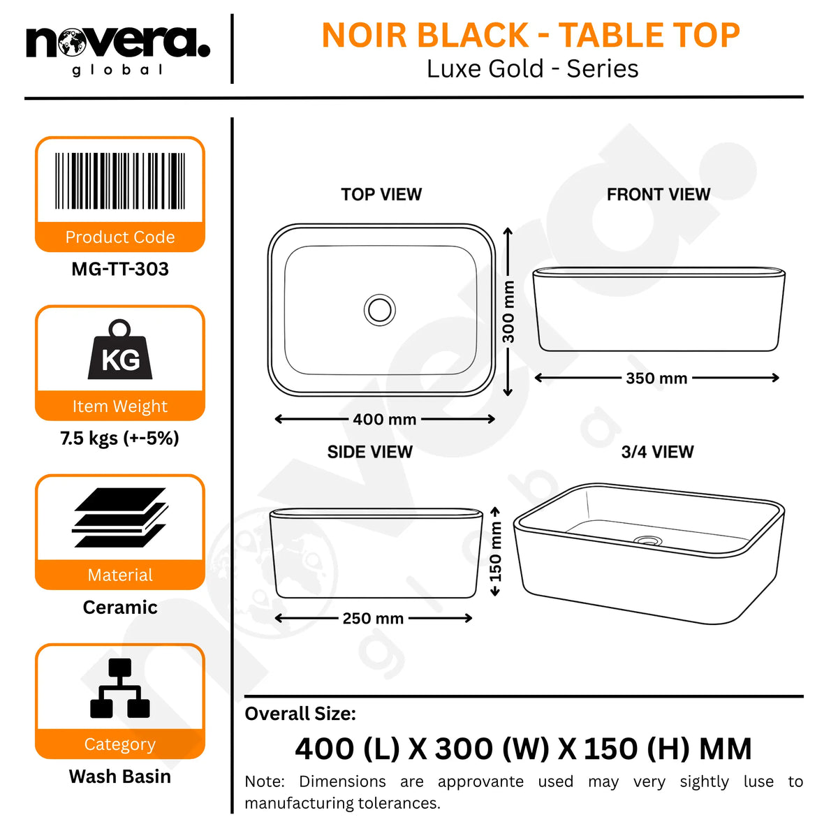 Novera Global Ceramic Table Top Wash Basin | Glossy Rectangular Vessel Sink | Above Counter Vessel Sink for Bathroom Vanity | 5-Year Warranty | Imported Glossy Countertop Wash Bowl (Black & Rose Gold) Novera Global