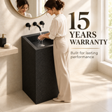 Novera Global Carbon Pedestal Wash Basin | Floor Standing Square Bathroom Sink | 15-Years Warranty | 15 mm Full Body Ceramic Slab, Matte Black Speckled Finish | Scratch, Water & UV Resistant | Pop-Up Drain Included