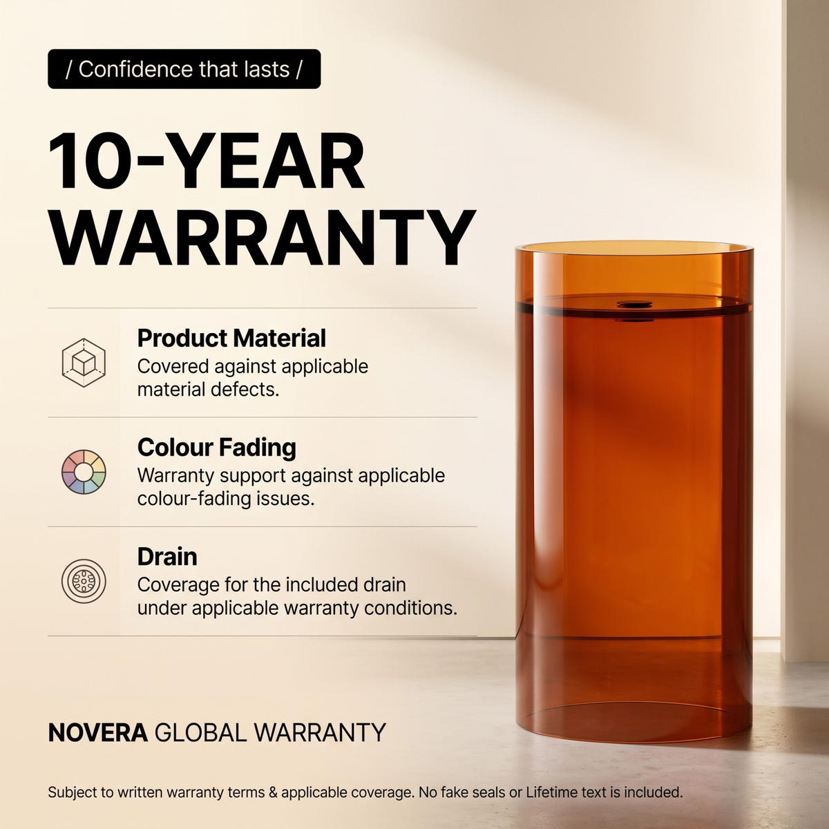 Novera Global Lucent Pedestal Wash Basin | 10-Years Warranty | Premium Imported Translucent Amber Resin Freestanding Bathroom Basin | High Gloss Finish | Included Accessor Drainer, 500 x 320 x 850 mm