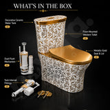 Novera Global Royal Flora Gold One Piece Western Toilet | 300mm S-Trap | Soft-Close Gold Seat Cover | 5-Year Warranty | Floor Mounted Ceramic Commode with Dual Flush 3/6L | Wash Down Flushing | Water Saving