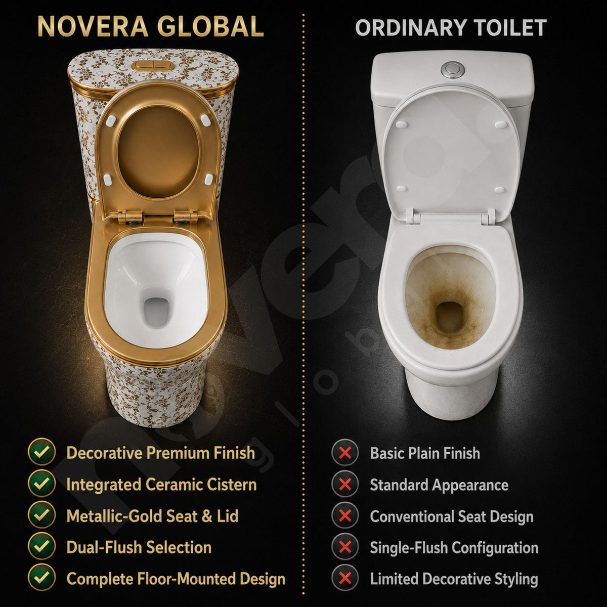 Novera Global Royal Flora Gold One Piece Western Toilet | 300mm S-Trap | Soft-Close Gold Seat Cover | 5-Year Warranty | Floor Mounted Ceramic Commode with Dual Flush 3/6L | Wash Down Flushing | Water Saving