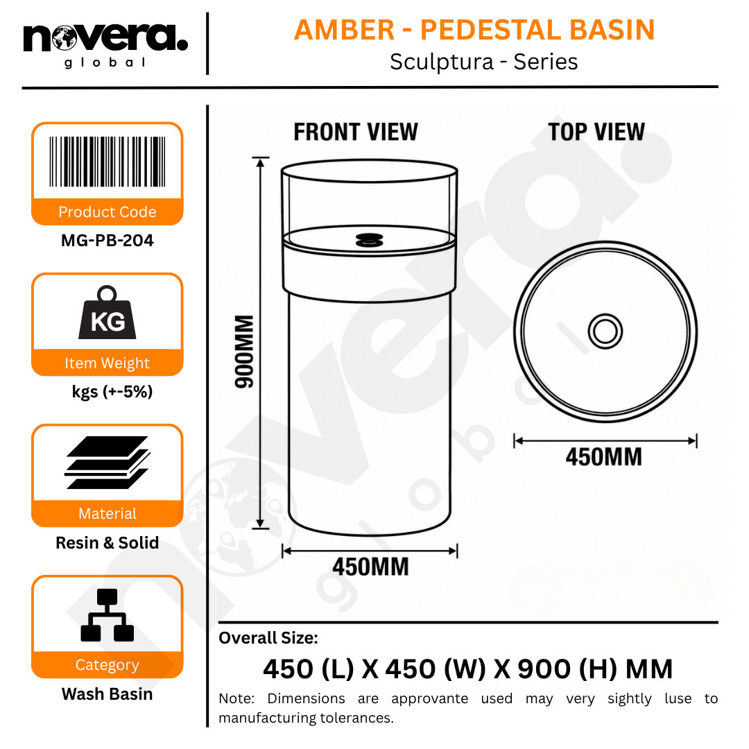 Novera Global Amber Freestanding Pedestal Wash Basin | 10-Years Warranty | Imported Resin & Solid Surface Floor Standing Designer Basin | Transparent Yellow Bawl | Drainer Included, 450 x 450 x 900 mm