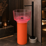Novera Global Duet Pedestal Wash Basin | 10-Years Warranty | Freestanding Resin + Solid Surface, Translucent Rose Pink Bowl with Orange Pedestal | Floor Standing Designer Basin with Black Drainer, 450 x 450 x 900 mm