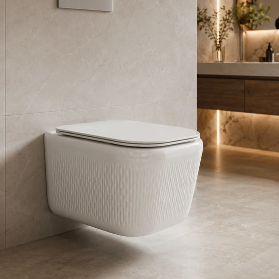 Novera Global Rimless Wall-Hung Commode | Ceramic Western Toilet with Soft-Close Seat Cover | 5-Year Warranty | P-Trap Wall-Mounted Bathroom WC | Antibacterial Washdown Flush (White Textured) Novera Global
