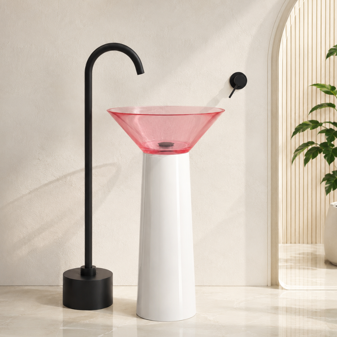 Novera Global Bloom Freestanding Pedestal Wash Basin | 10-Years Warranty | Premium Resin & Solid Surface Floor Standing Designer Basin | Translucent Pink Bowl | Drainer Included, 450 × 450 × 900 mm
