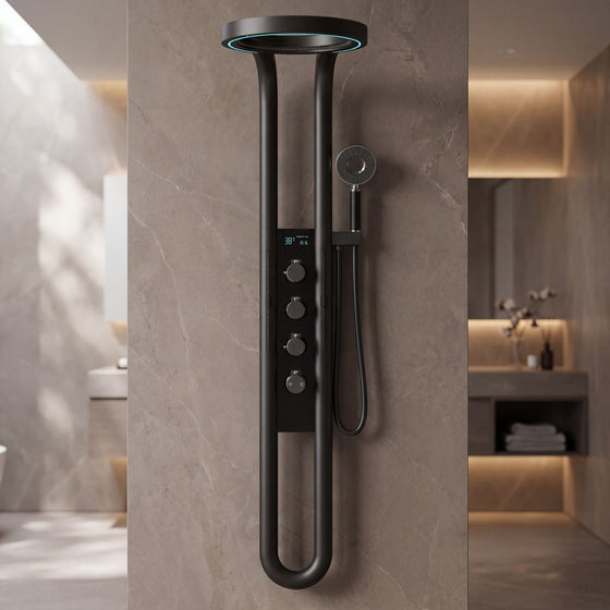 Novera Global Halo Shower Panel System –4-in-1 Waterfall Rainfall Overhead Shower, Thermostatic Mixer with Hot & Cold Dual Knob | 5-Year Warranty | SPA Body Jets, 3-Mode Handheld & Foot-Wash Outlet (Black)