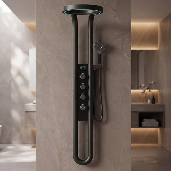 NOVERA Halo Smart LED Waterfall Shower Panel in Matte Black with Rainfall Shower Head