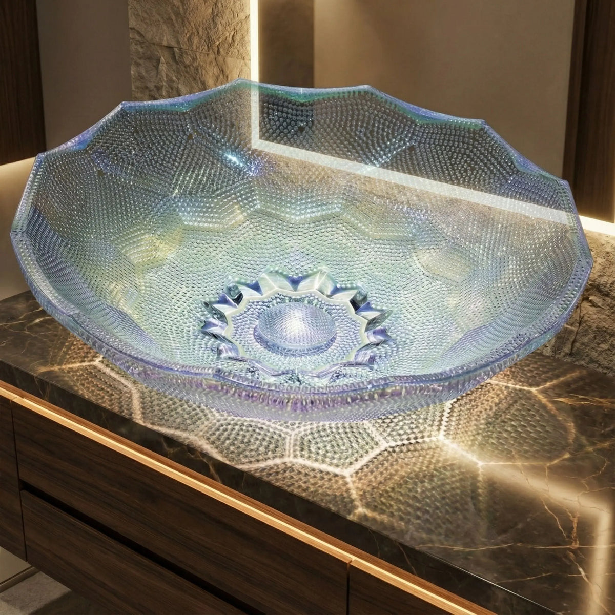 Decorative glass sink on a marble countertop with stone wall background