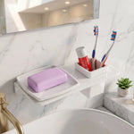 Bathroom counter with soap dish, soap, toothbrush holder, toothbrushes, and toothpaste.