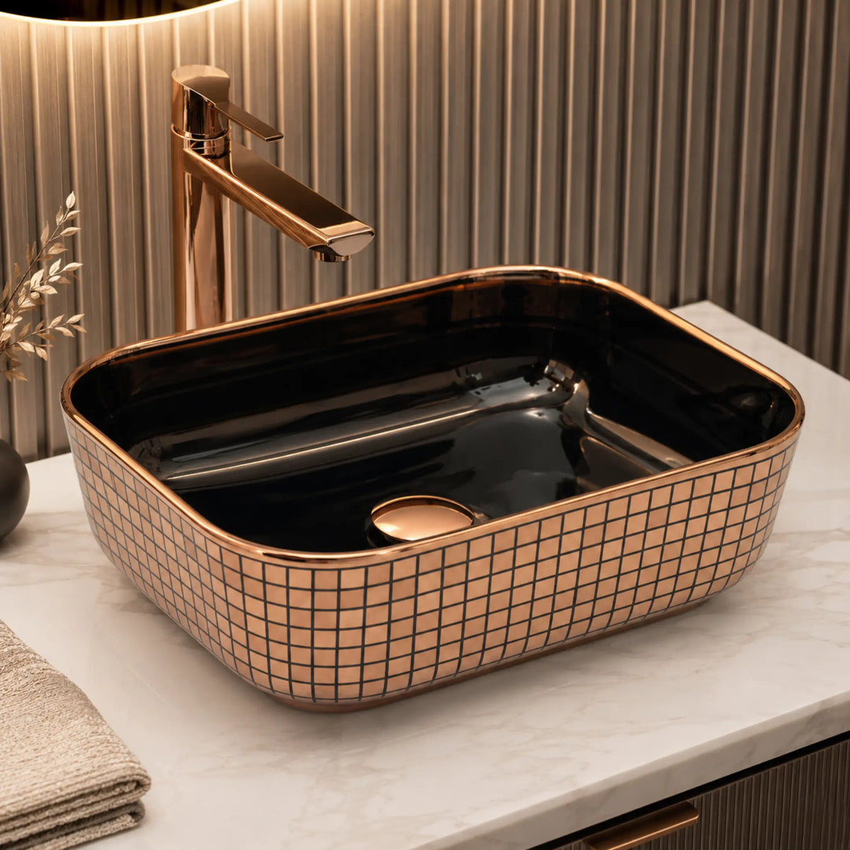Novera Global Ceramic Table Top Wash Basin | Glossy Rectangular Vessel Sink | Above Counter Vessel Sink for Bathroom Vanity | 5-Year Warranty | Imported Glossy Countertop Wash Bowl (Black & Rose Gold) Novera Global