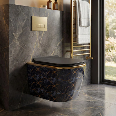Modern black and gold toilet in a bathroom with marble walls and a towel rack.
