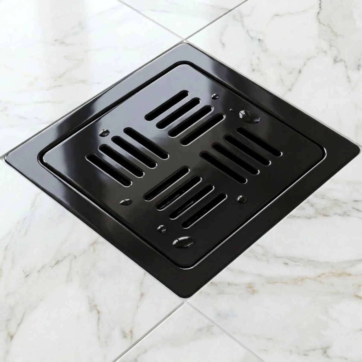 Premium Black Ceramic Floor Drain Installed in a Luxury Modern Bathroom Shower Area