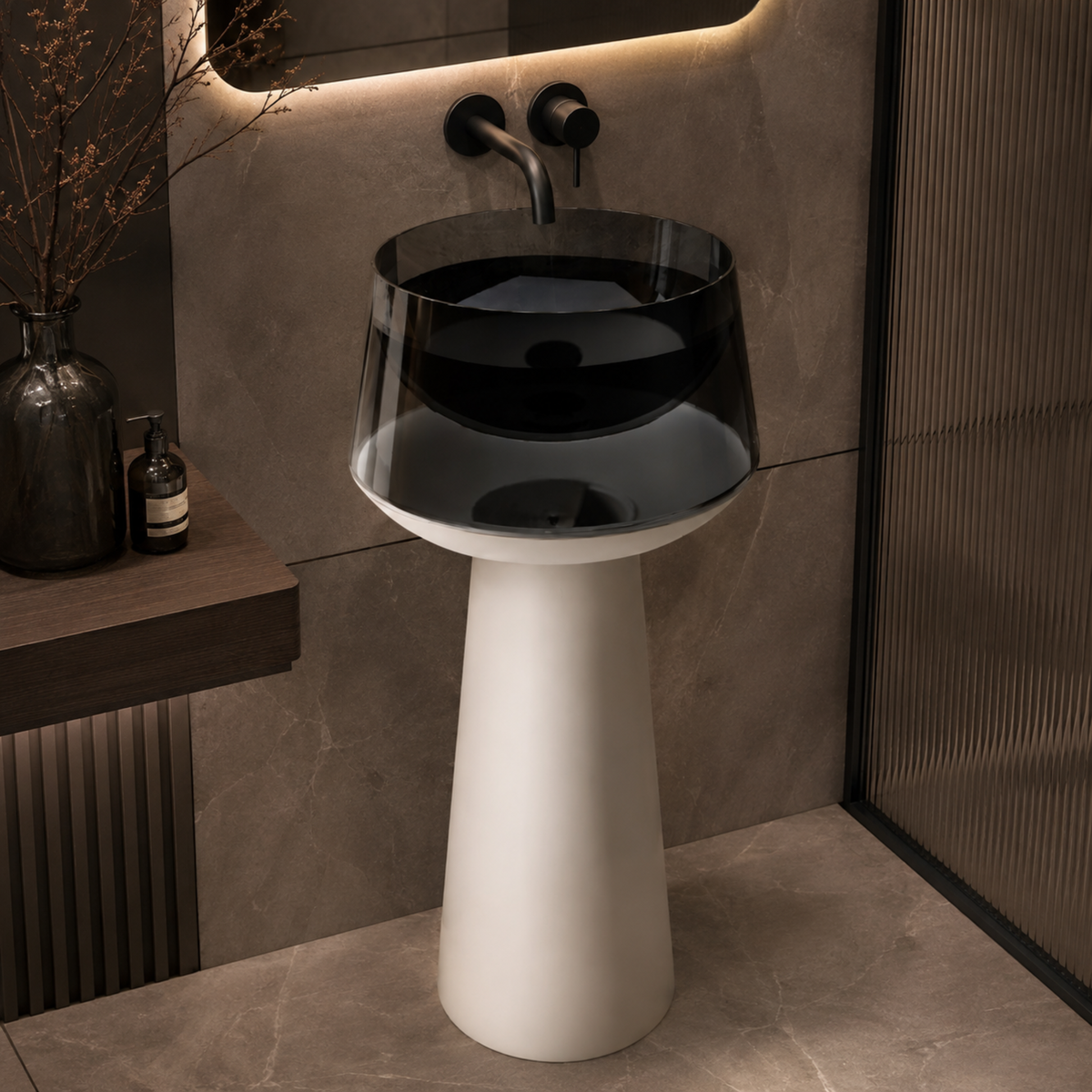 Novera Global Vesper Freestanding Pedestal Wash Basin | 10-Years Warranty | Smoked Translucent Resin Bowl & Solid Surface Base Pedestal | Floor Standing Designer Bathroom Basin with Drainer | 500 x 500 x 900 mm (Black & White)